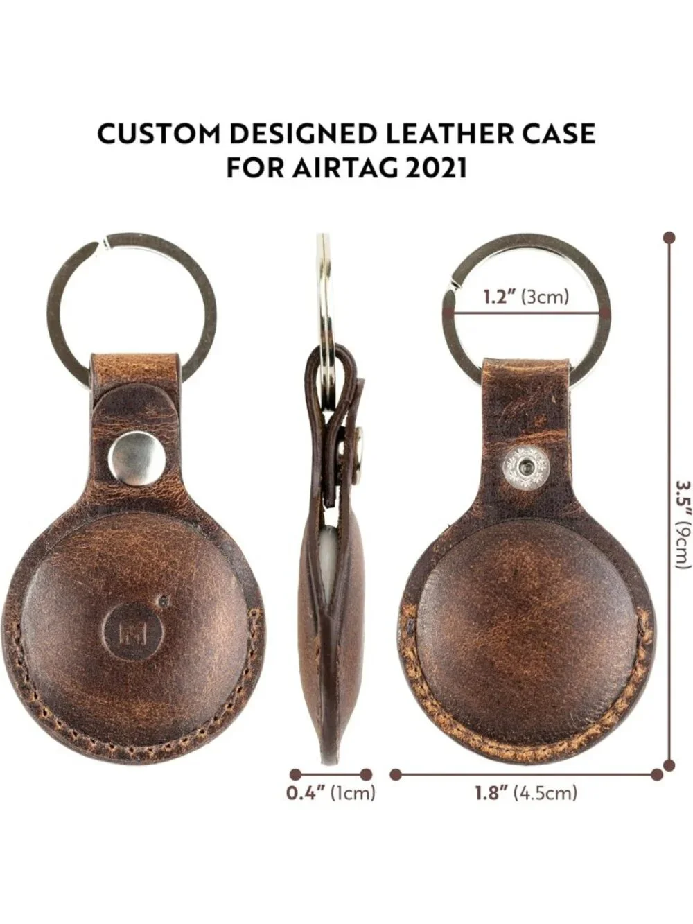 Genuine Leather AirTag Keychain Holder - Full-Grain Buffalo, Snap Closure, 4